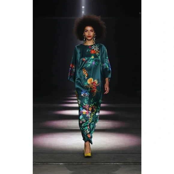 Alemais Agatha Printed Graphic Maxi Midi Slit Belted Dark Green Dress size US 6 - Picture 2 of 15